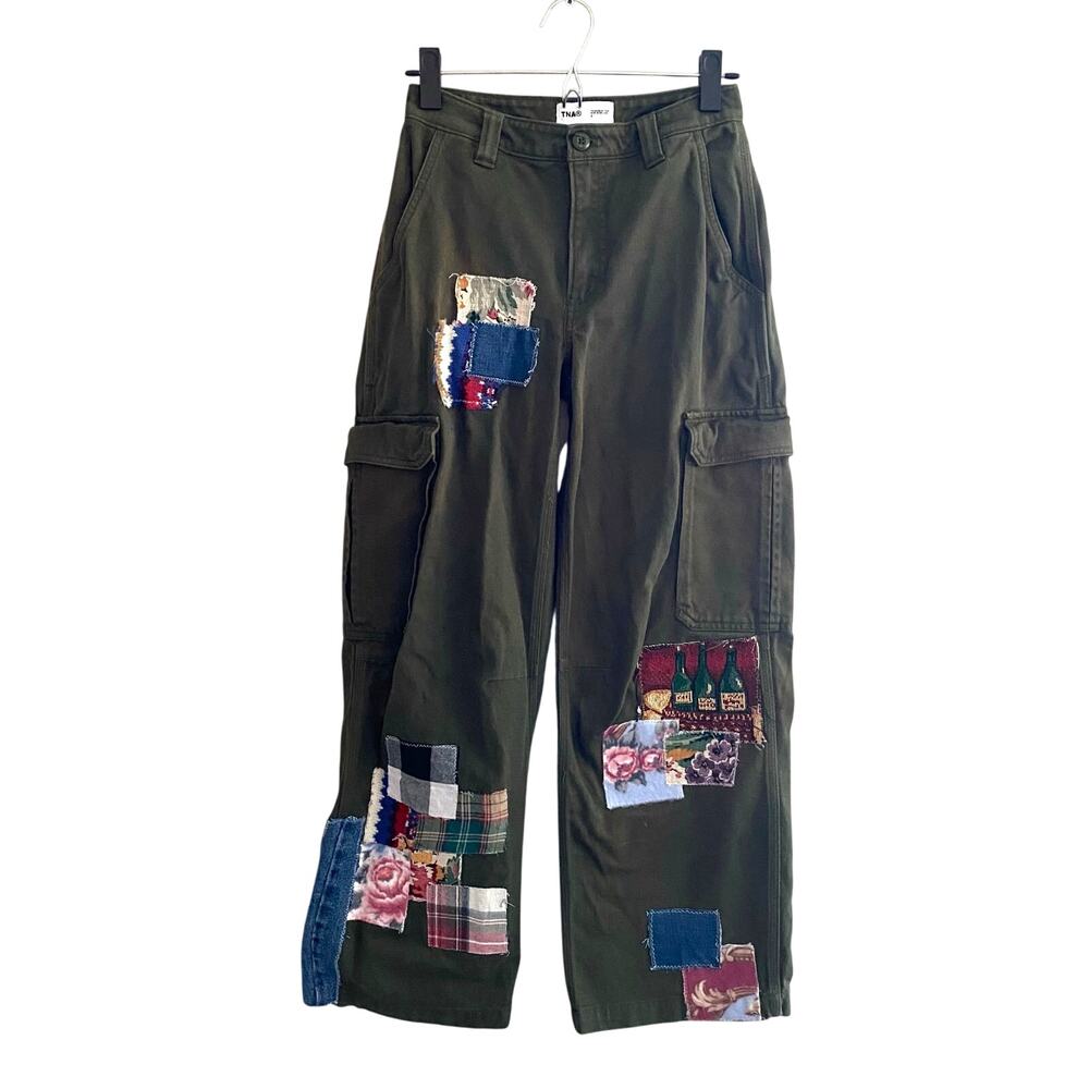 TNA Aritzia Green Straight Leg Cargo Patchwork Pants High Rise Reworked Women 0 - Picture 1 of 12